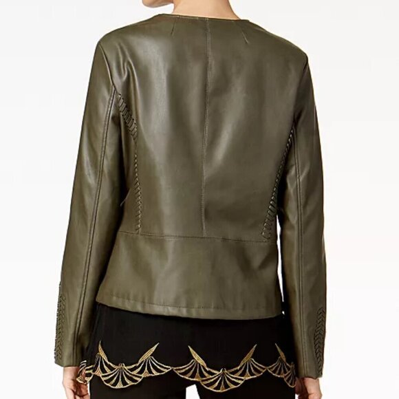 Alfani Olive Whipstitched Faux Leather Zip Up Jacket, Size Medium - Picture 2 of 16